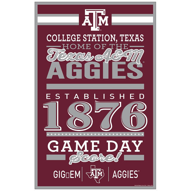 Texas A&M Aggies Sign 11x17 Wood Established Design