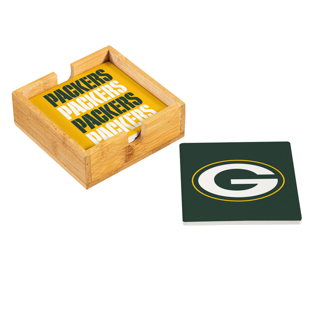 Green Bay Packers Coaster Set 4 Piece with Wood Caddy