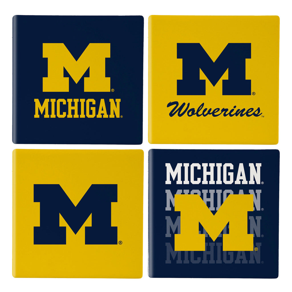 Michigan Wolverines Coaster Set 4 Piece with Wood Caddy