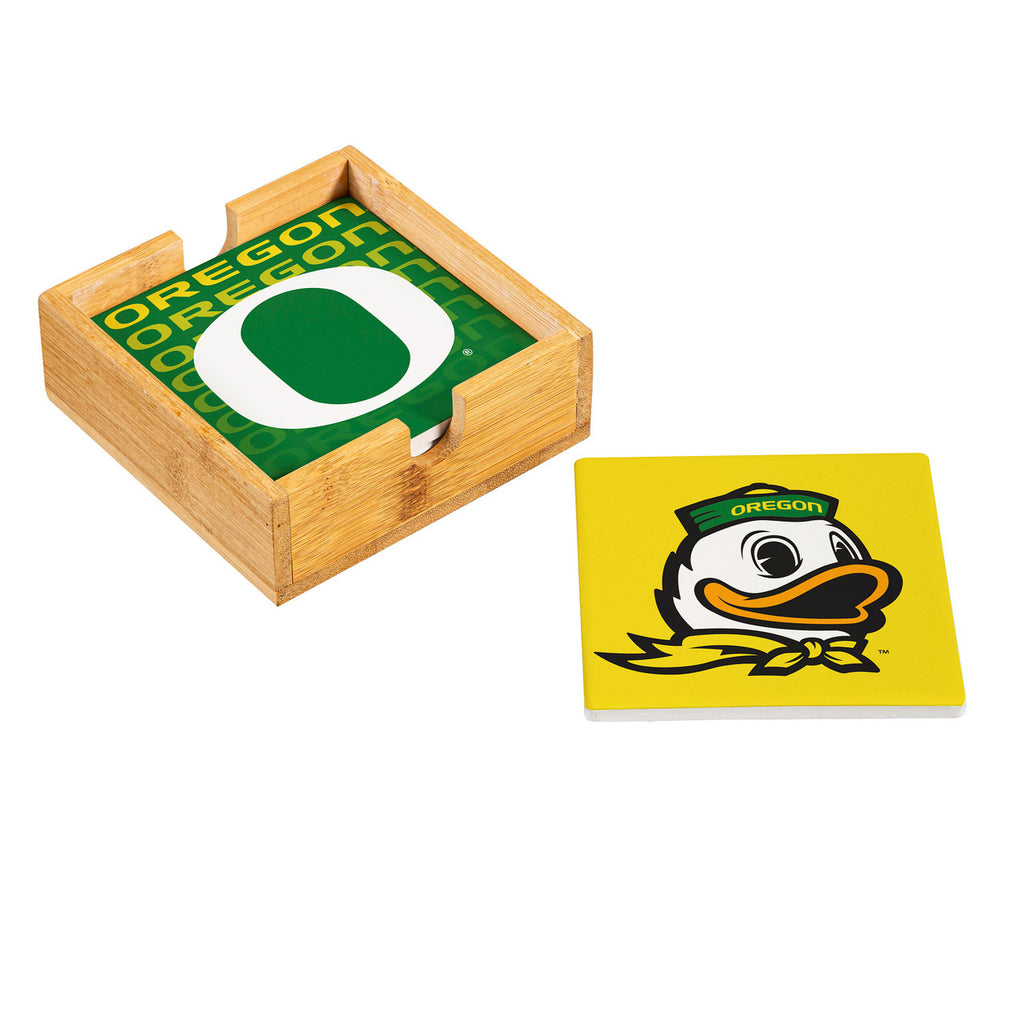 Oregon Ducks Coaster Set 4 Piece with Wood Caddy