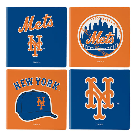 New York Mets Coaster Set 4 Piece with Wood Caddy