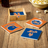 New York Mets Coaster Set 4 Piece with Wood Caddy