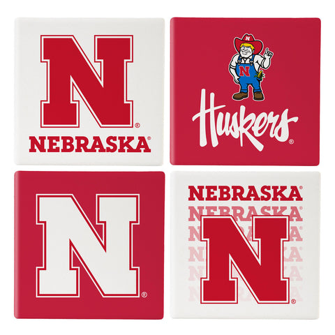 Nebraska Cornhuskers Coaster Set 4 Piece with Wood Caddy