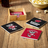 Wisconsin Badgers Coaster Set 4 Piece with Wood Caddy