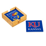Kansas Jayhawks Coaster Set 4 Piece with Wood Caddy