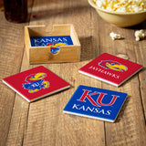 Kansas Jayhawks Coaster Set 4 Piece with Wood Caddy