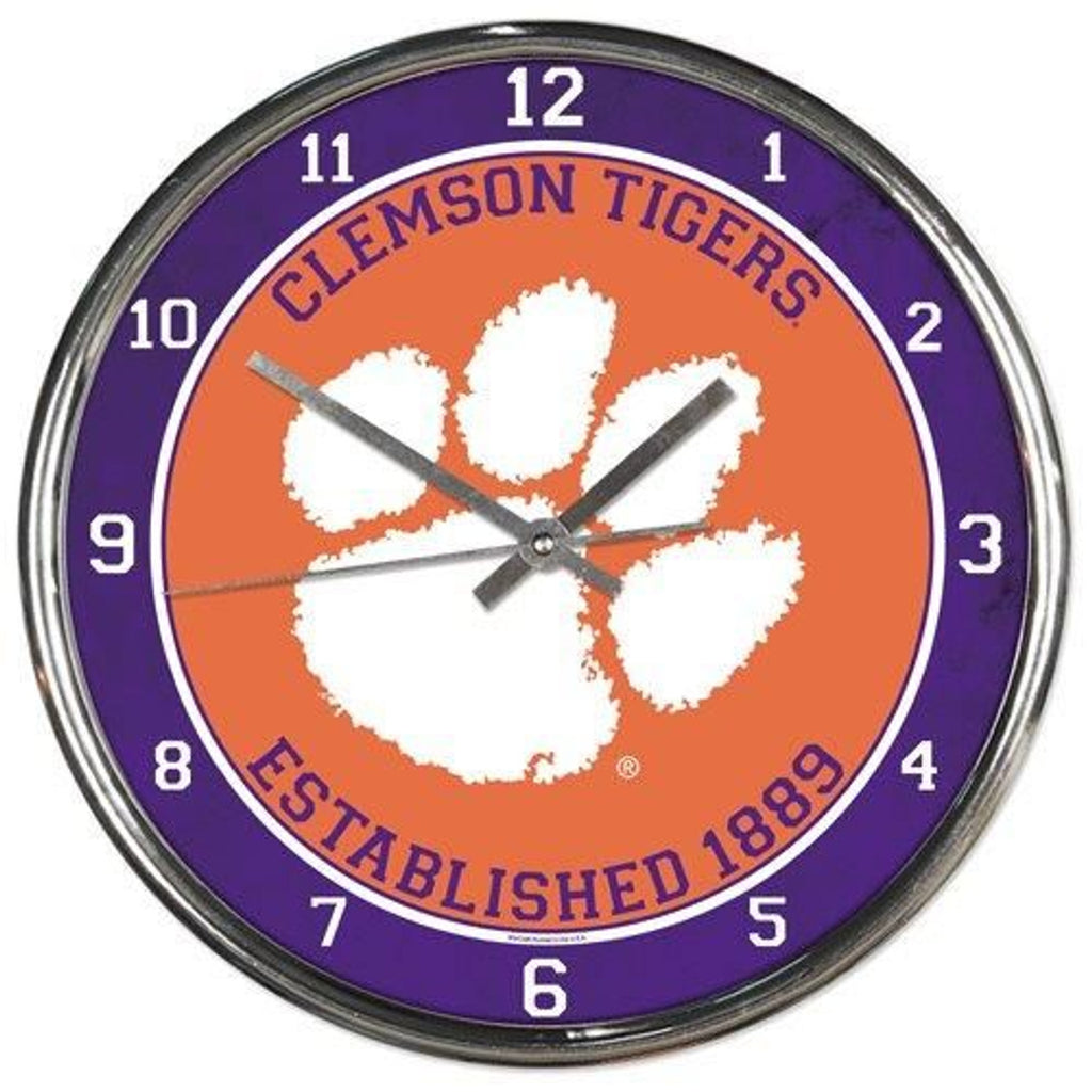 Clemson Tigers Clock Round Wall Style Chrome
