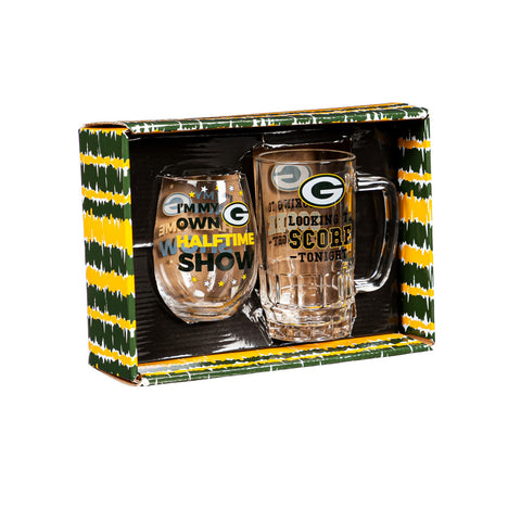 Green Bay Packers Drink Set Boxed 17oz Stemless Wine and 16oz Tankard