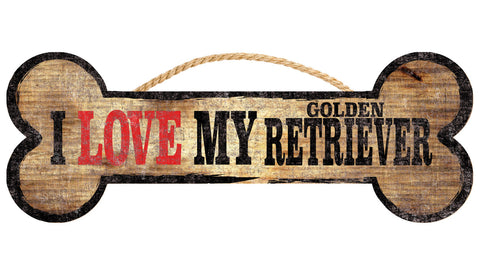 Pet Sign Wood Dog Bone Shape I Love My Golden Retriever 10"x4"