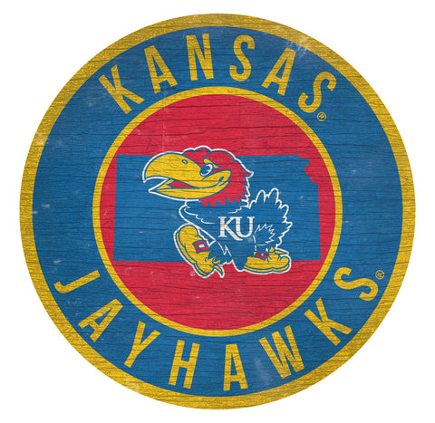 Kansas Jayhawks Sign Wood 12 Inch Round State Design - Special Order