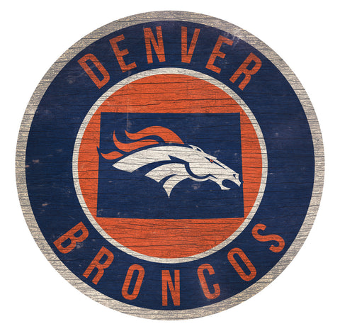 Denver Broncos Sign Wood 12 Inch Round State Design